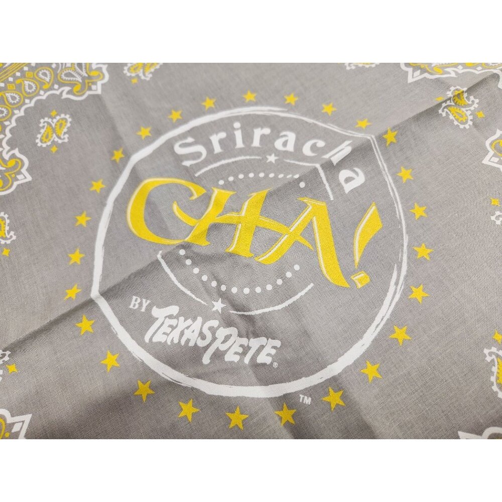 Sriracha CHA! By Texas Pete Bandana - Yellow & White Paisley Design On Gray Fabr - Picture 3 of 5